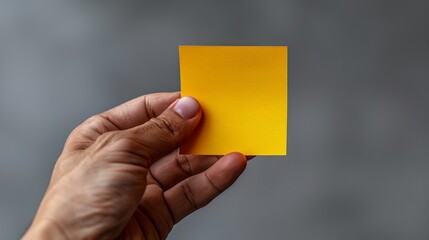 Close up of hand holding a yellow sticky note on gray background