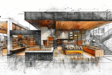 Architectural Design Sketch of a Modern Bakery Interior