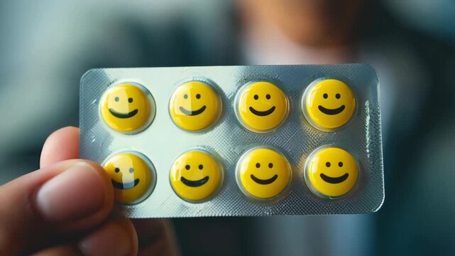 man holding yellow medicine pills with smile face drawing on it, idea for happiness and optimistic How to guild conceptual , happy and enjoy drugs, happy pill