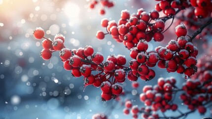 Red berries covered with snow sparkling in the sunlight on a winter day