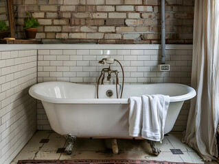 "Retro bathroom featuring a stylish clawfoot tub and vintage inspired decor, in shades of blue."