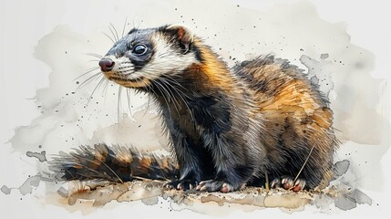 Marbled polecat posing on a watercolor background