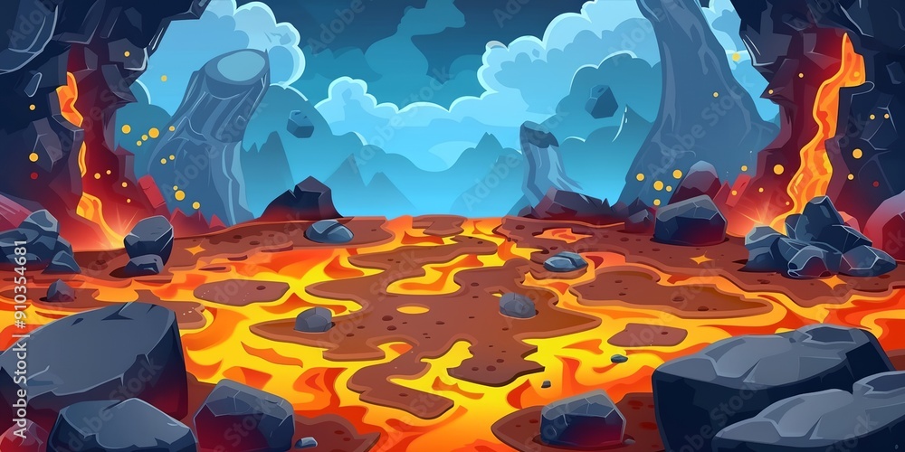 Poster a lava field with a volcano in the background. the lava is flowing and the sky is cloudy