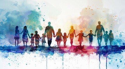 Naklejka premium Watercolor family holding hands together. Colorful watercolor silhouette of a large family holding hands together, symbolizing unity, love, and support.