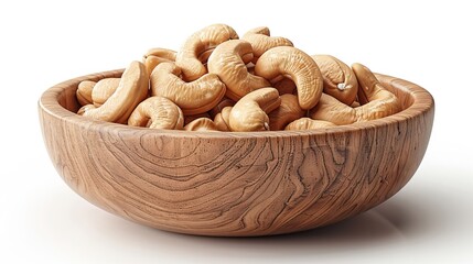 Wooden bowl overflowing with delicious cashew nuts on white background