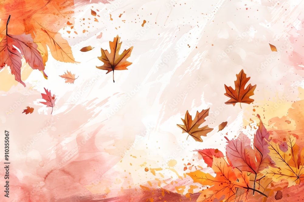 Poster a painting of autumn leaves with a splash of color. the leaves are falling from the trees and are sc