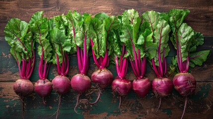 Freshly harvested beetroots arranged on rustic wooden table background