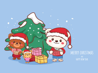  Christmas santa claus bear with the Gift box. Illustration vector premium.