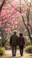 Obraz premium An elderly couple strolls together under blooming cherry blossoms in a serene park during spring