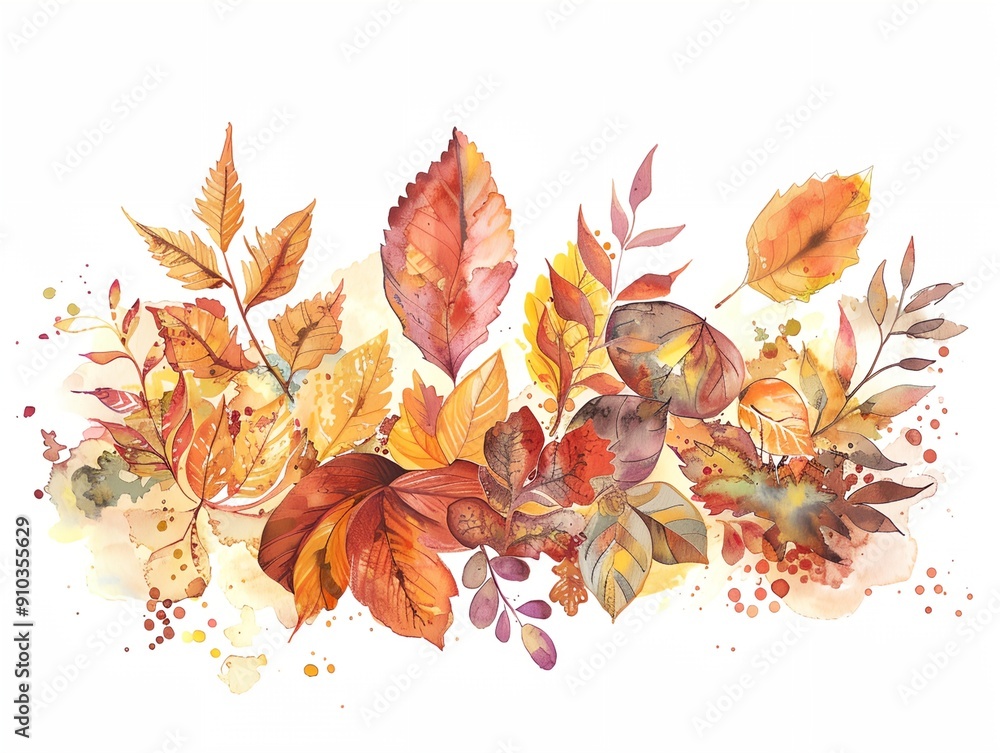 Poster a painting of autumn leaves with a splash of color. the leaves are arranged in a row, with some over