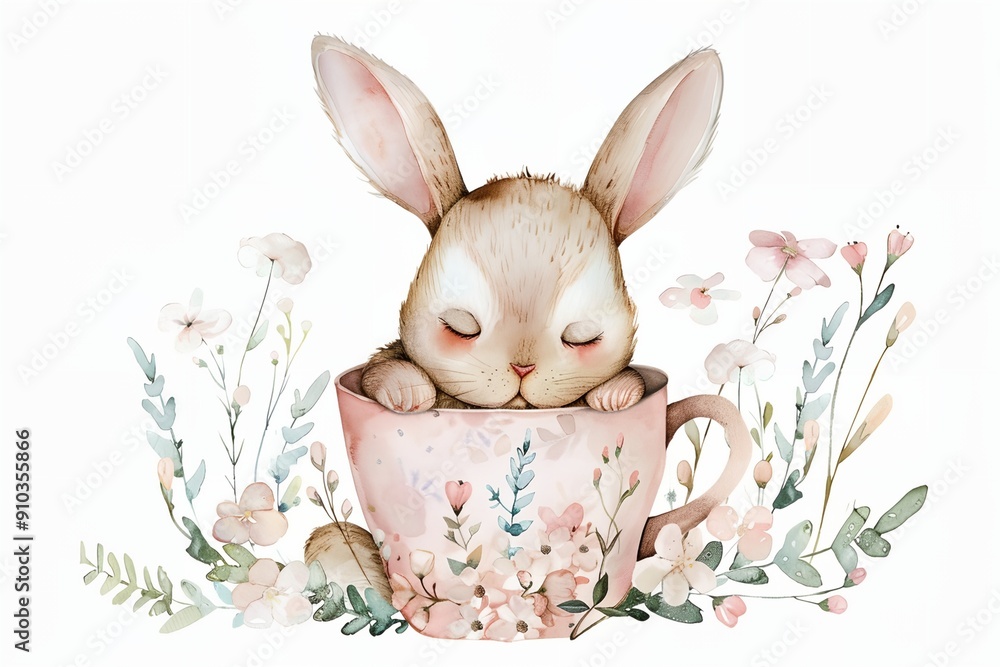 Poster a rabbit is sleeping in a pink cup surrounded by flowers. the image has a peaceful and calming mood,
