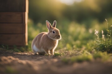 Fototapeta premium little farm rabbit cute pet fluffy domestic easter mammal young animal fur nature white baby small cage green grass rodent background hutch brown grey beautiful1 summer family