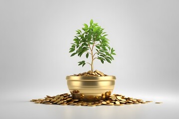 Young green plant with stack coin on ground for growing business financial and accounting concept.
