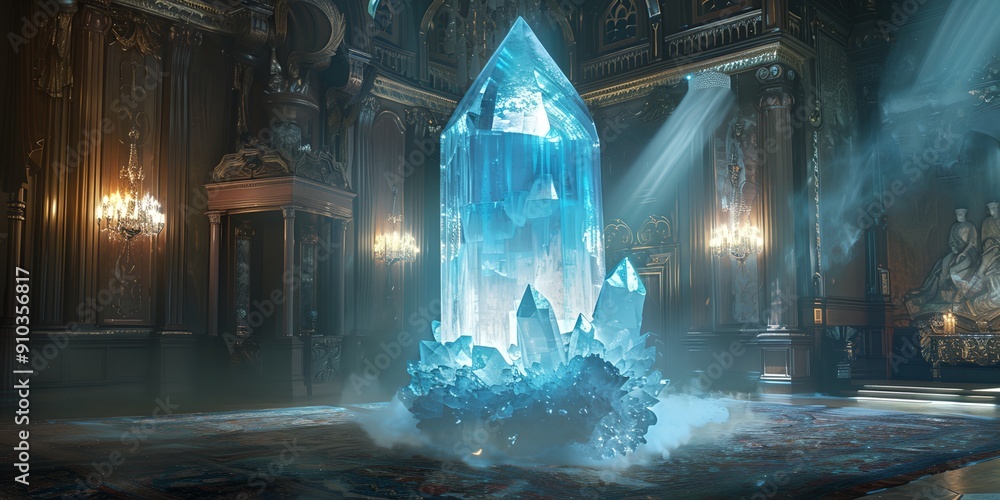Poster a crystal structure is in a room with a lot of light shining on it. the room is very dark and the cr
