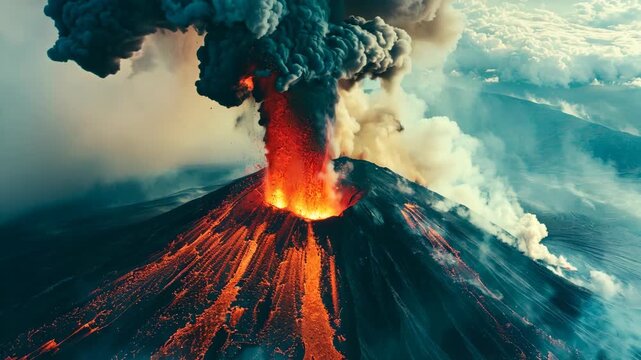 Aerial view of volcano eruption. Natural disaster, cataclysm concept. Nature landscape. Design for banner, wallpaper. Flowing lava and ash clouds. Volcano eruption