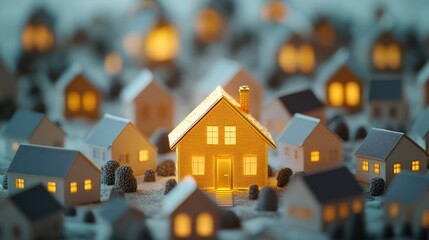 Real estate concept with a golden house standing out among regular houses, emphasizing property search and uniqueness.