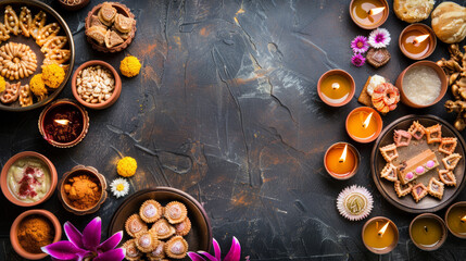 A vibrant spread of traditional Indian sweets, diyas, and flowers celebrating Diwali, the festival of lights