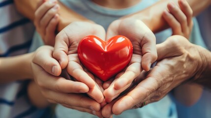 Concept of family health insurance, world heart day, world health day and foster home. Family hands holding red heart