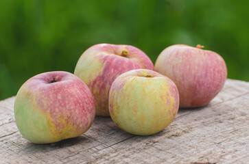 Yellow and red apples on a table in the garden