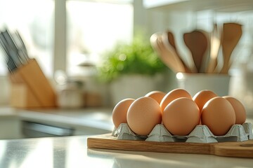 Fresh brown eggs in an egg carton on kitchen counter surrounded by cooking utensils and natural light