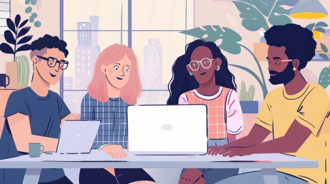 Diverse Group of People Sitting Around a Laptop Computer. Generative AI.