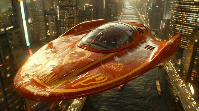 A sleek red flying car hovers above a futuristic cityscape with towering skyscrapers and neon lights