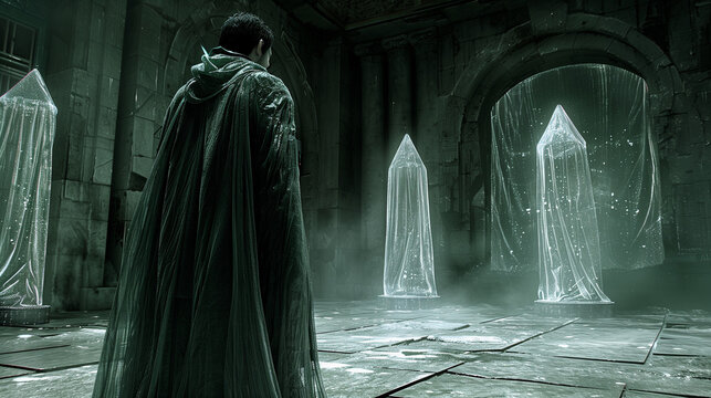 A hooded figure stands in an ancient hall, facing three glowing crystal monoliths amidst an eerie green light