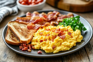 Delicious breakfast plate with scrambled eggs, bacon, toast, and fresh herbs on a rustic table