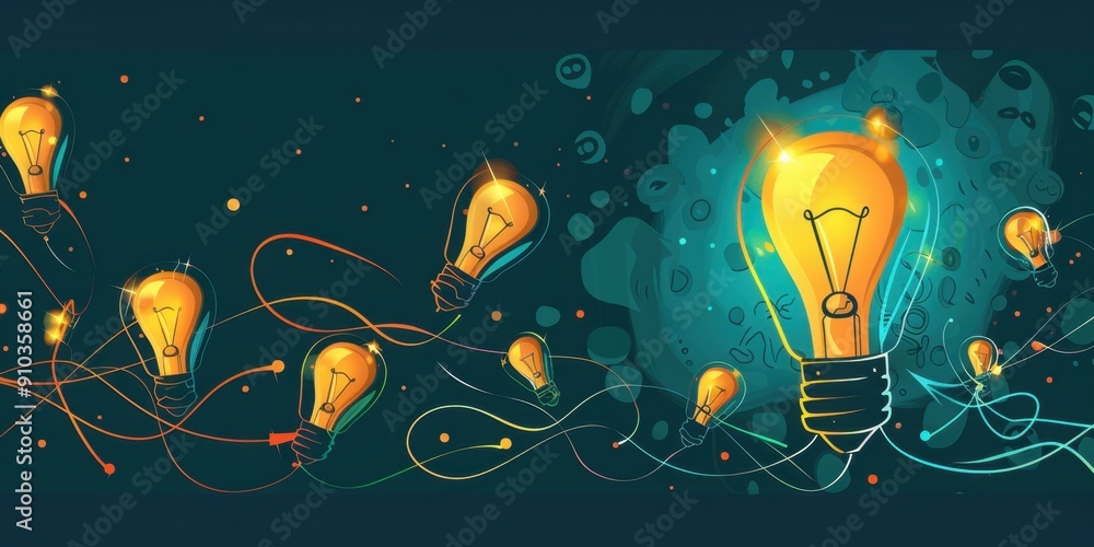 Poster an illustration of glowing light bulbs with one bulb shining brightly, connected to multiple smaller