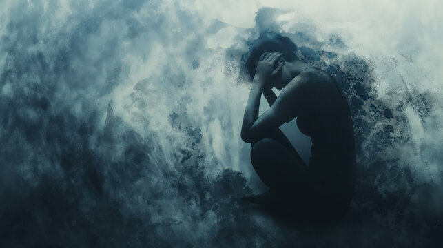 Surreal image of a silhouette on a foggy shore, depicting mental health, anxiety, and emotional turmoil
