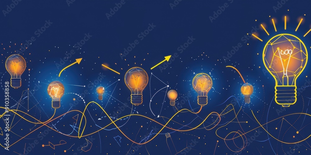 Poster an illustration of glowing light bulbs connected by thin lines, forming an array on dark blue backgr