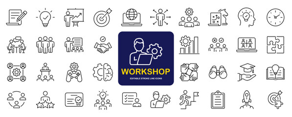 Workshop set of web icons in line style. Business Workshop icons for web and mobile app. Containing team building, teamwork, coaching, meeting, managing, coaching, motivation and more