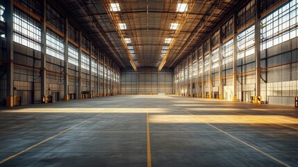 Naklejka premium Spacious empty warehouse or storehouse, highlighting the vast and open industrial space.
