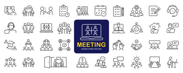 Meeting set of web icons in line style. Live webinar icons for web and mobile app. Containing conference, business meeting, classroom, team, interview, conference, work, discussion and more