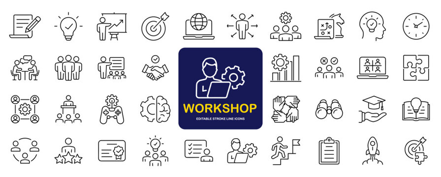 Workshop set of web icons in line style. Business Workshop icons for web and mobile app. Containing team building, teamwork, coaching, meeting, managing, coaching, motivation and more