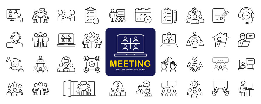 Meeting set of web icons in line style. Live webinar icons for web and mobile app. Containing conference, business meeting, classroom, team, interview, conference, work, discussion and more