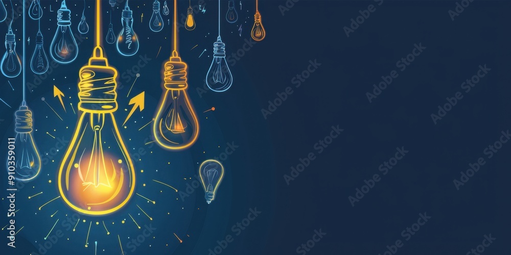 Poster an illustration of glowing light bulbs connected by thin lines, forming an array on dark blue backgr
