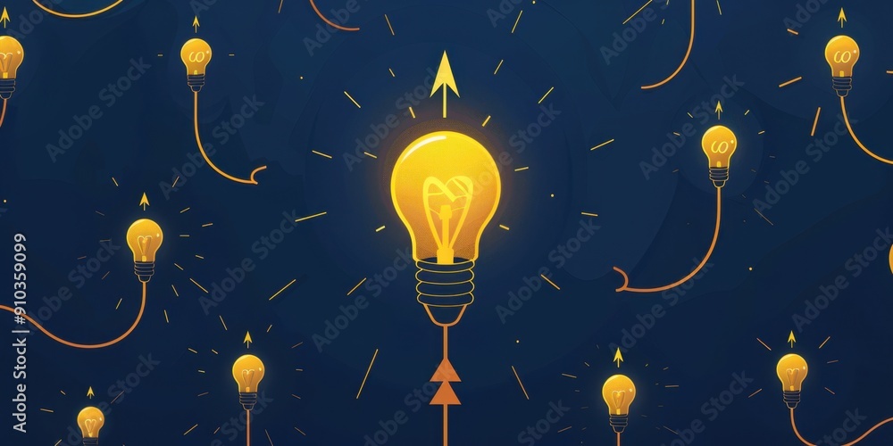 Poster one glowing light bulb surrounded by many small ones, connected to one large yellow string with an a