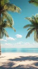 Fototapeta premium Relaxing tropical beach with palm trees, clear blue skies, white sandy shore, and calm ocean waters.