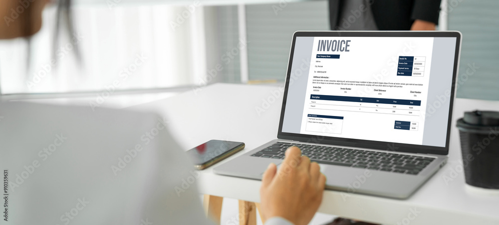 Poster invoice on computer screen from accounting application. computer program for financial and budget of