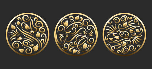 Vintage golden floral emblem set