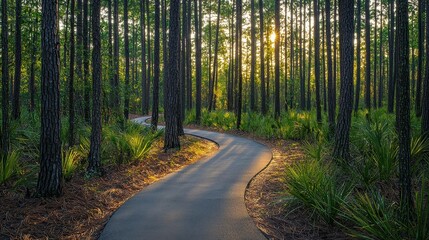 Fototapeta premium A winding path through a lush, sunlit forest with tall trees and vibrant greenery, creating a serene and inviting atmosphere.