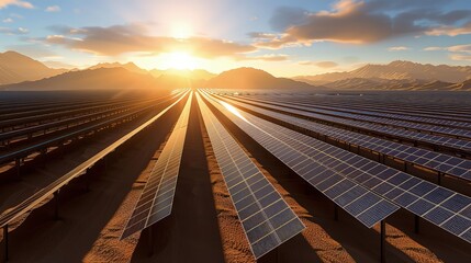 A seamless blend of a desert landscape with a large solar farm, where rows of photovoltaic panels stretch towards the horizon under the blazing sun.
