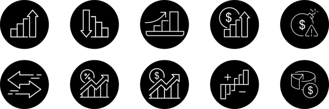 Line icons about increase and decrease. Contains such icons as stock market, profit, launch and more. Editable vector stroke. Thin line isolated on black background. Vector illustration.