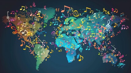 A world map with musical notes and symbols overlaying different countries, representing the diversity of global music