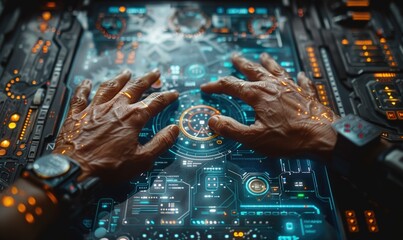 High-angle of a person configuring governance settings to ensure secure connectivity, minimalist design. Space for text.