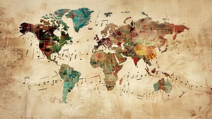 A world map with musical notes and symbols overlaying different countries, representing the diversity of global music