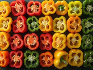 Colorful Peppers Cut in Half on a Black Background