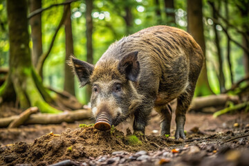 A feral pig, with muddy fur, energetically digs into the earthy forest floor with its snout, uncovering hidden roots and tubers to sate its hunger.