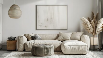 Minimalist Living Room with Sectional Sofa, Wicker Decor, and Pampas Grass